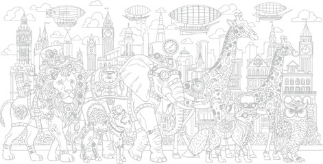 Fototapeta premium Vector illustration of steampunk animal parade with fantastical creatures and airships, a detailed coloring page for creative minds 