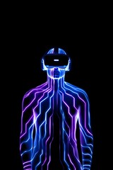A futuristic poster design of a cybernetic man in a VR helmet. His body is a complex network of glowing blue and purple lines, symbolizing the metaverse.