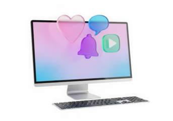 3d icon of computer screen with social media icons isolated on transparent background