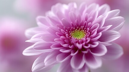 Close Up of a Pink Chrysanthemum Flower with Delicate Petals and a Soft Green Center in a Blurred Floral Background