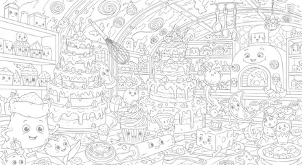 Obraz premium Vector illustration of whimsical bakery coloring page filled with cute characters and delicious treats, perfect for kids and adults 