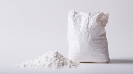 Obraz premium A close-up depiction of a pristine paper bag filled with flour, positioned on a white backdrop, accompanied by flour powder, highlighting the simplicity and purity of baking ingredients.