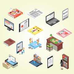 Obraz premium Isometric Learning and Education Concept with Book and Electronic Device Element