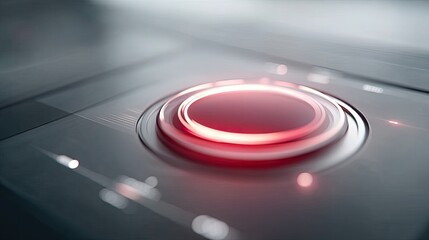 Close Up of a Red Glowing Button on Futuristic Metallic Surface with Bokeh Lights and Reflections in a High Tech Environment
