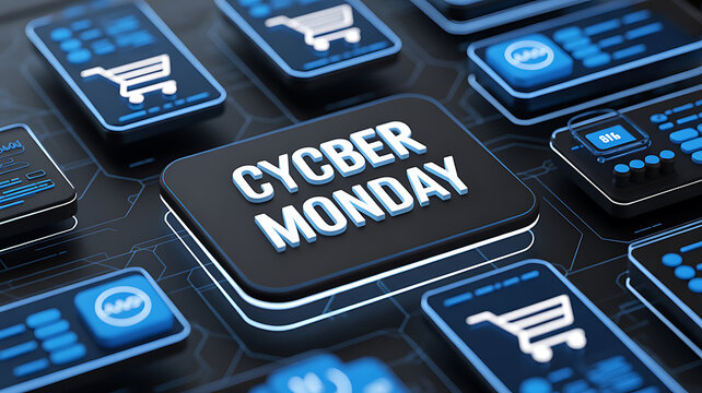Digital interface displaying Cyber Monday shopping theme with cart icons and tech elements