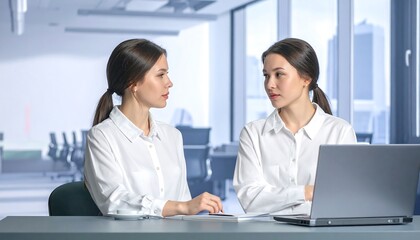 Fototapeta premium Two women in a modern office setting having a conversation