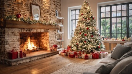 Cozy living room with a roaring fireplace and a beautifully decorated Christmas tree surrounded by gifts