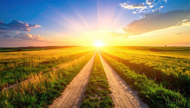 A dirt road cuts through a wheat field, leading to a bright sunrise, beneath a partly cloudy sky. Golden hour - Powered by Adobe