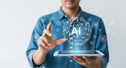 Person holding a tablet with a holographic representation of AI.