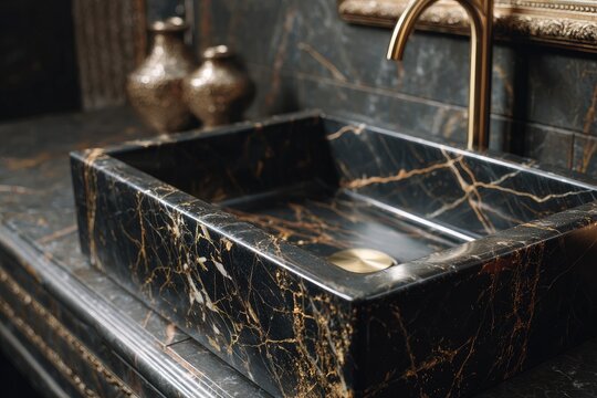 Luxurious black marble sink in a stylish bathroom