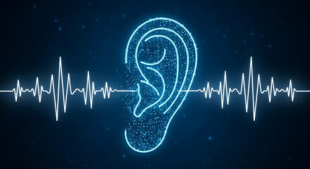 Cutting-edge technology for hearing solutions, featuring a modern, vibrant design with soundwaves and futuristic ear illustration for science projects