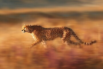 A cheetah running across a golden savanna