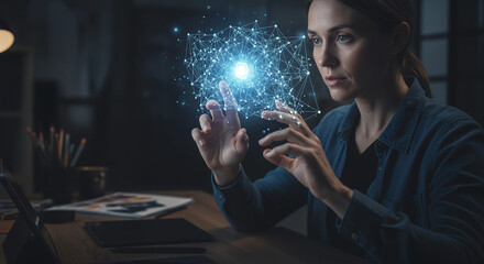 Woman touching glowing digital interface of a neural network