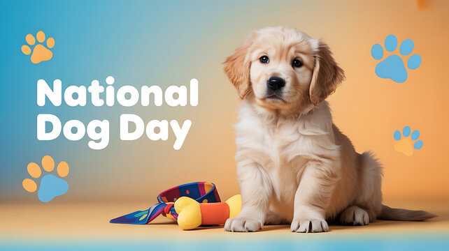 A cute puppy sitting beside toys on a colorful background celebrating National Dog Day