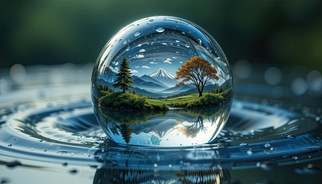 Discover stunning mountain scenery reflected in a pristine water droplet, a mesmerizing macro view of nature's beauty and tranquil reflections for mindful inspiration