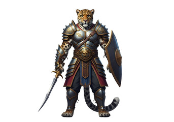 A formidable warrior, clad in intricate, metallic armor, stands poised with sword and shield.