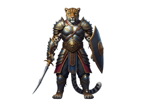 A formidable warrior, clad in intricate, metallic armor, stands poised with sword and shield.