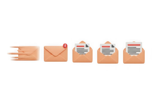 3d icon of email sending and receiving process icons isolated on transparent background