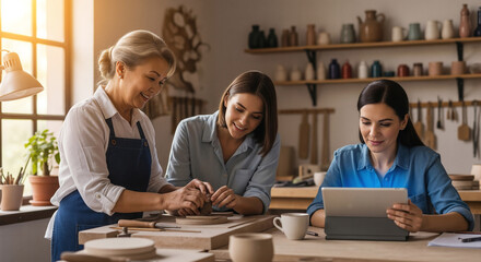 Three generations of women working on their pottery business in a workshop
