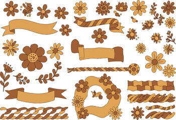 Floral design elements and ribbons in warm earthy tones for creative projects.