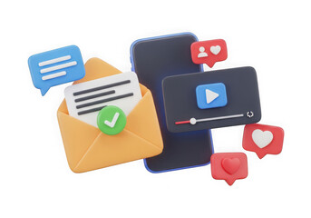 3d icon of 3d social media icons with email and video player isolated on transparent background
