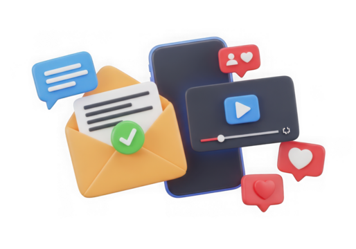 3d icon of 3d social media icons with email and video player isolated on transparent background