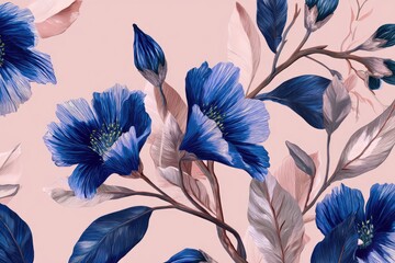 Floral seamless pattern with deep blue blossoms on a pale pink background