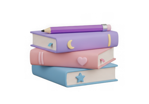 3d icon of stack of pastel colored books with a pencil isolated on transparent background