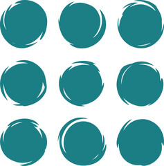 Nine teal circular abstract elements with white decorative details arranged in a grid