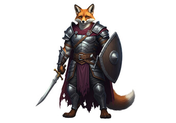 A digitally rendered illustration of a fox warrior in full plate armor, wielding a sword and shield, against a dark background.