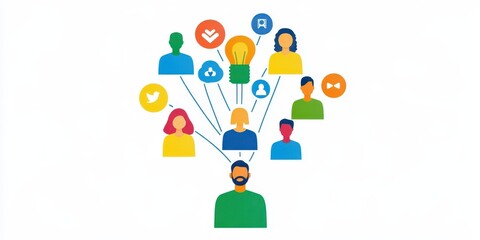 Teamwork network idea collaboration flat illustration. People connect in a network, innovation share through communication. Concept for creativity, connection, sharing, business teamwork, modern