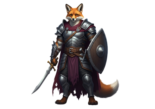 A digitally rendered illustration of a fox warrior in full plate armor, wielding a sword and shield, against a dark background.