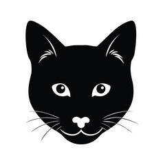 Simple, striking black cat face with stylized features and pointed ears illustration, cat head silhouette vector illustration