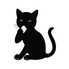 A black cat sits and meticulously washes its face with its paw, cat licking paw silhouette vector illustration