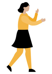 Stylized illustration of a woman walking with hands raised. Modern flat design character for business, education, communication, and web content.