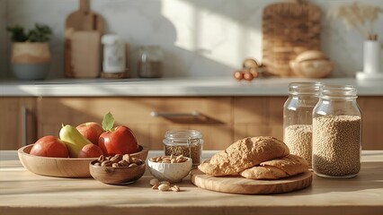 Healthy ingredients with bread, nuts, grains, and fresh fruits in modern kitchen