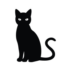 Silhouette of a seated black cat with a curled tail isolated on white, cat sitting silhouette vector illustration