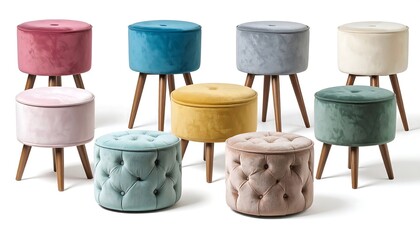 Nine velvet storage ottomans in various colors, light-brown wooden legs