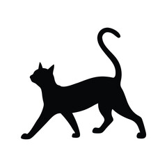 Elegant Black Cat Silhouette with Curled Tail on White Background, cat stretching silhouette vector illustration