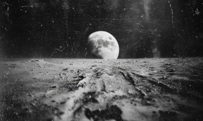 A grayscale moonlit lunar landscape
