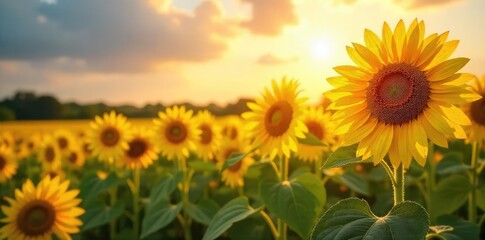 Fototapeta premium A vibrant field of towering sunflowers basking in the golden sunlight, their faces turned towards the sky Perfect for summer, nature, and agriculture themes , farm, nature, agriculture