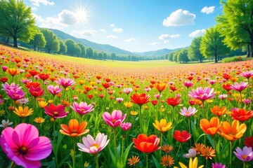 Obraz premium A vibrant field overflowing with a multitude of colorful flowers in full bloom, a breathtaking display of nature's artistry Perfect for spring, summer, or floral themes , blossom, summer flowers