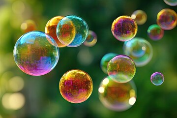 Colorful soap bubbles in the air against a blurred green background (1)