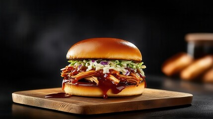Close up of a delicious pulled pork sandwich with coleslaw and BBQ sauce.