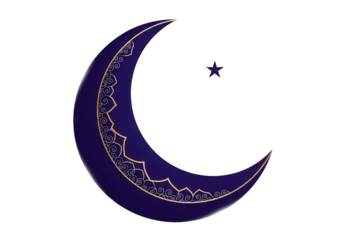 A deep blue crescent moon with intricate golden patterns along its edge, isolated on a transparent background, with a small, dark star nearby, symbolizing islamic culture and celestial beauty