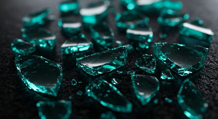 Teal glass fragments on dark surface
