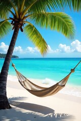 A tranquil scene depicting a hammock gently swaying between two palm trees on a pristine beach, waves lapping softly on the shore, epitomizing relaxation and escape , sea, sand, sun