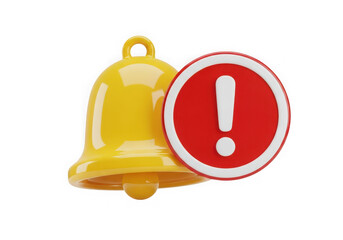 3d icon of yellow notification bell with red exclamation mark isolated on transparent background