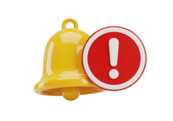 3d icon of yellow notification bell with red exclamation mark isolated on transparent background