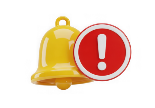 3d icon of yellow notification bell with red exclamation mark isolated on transparent background